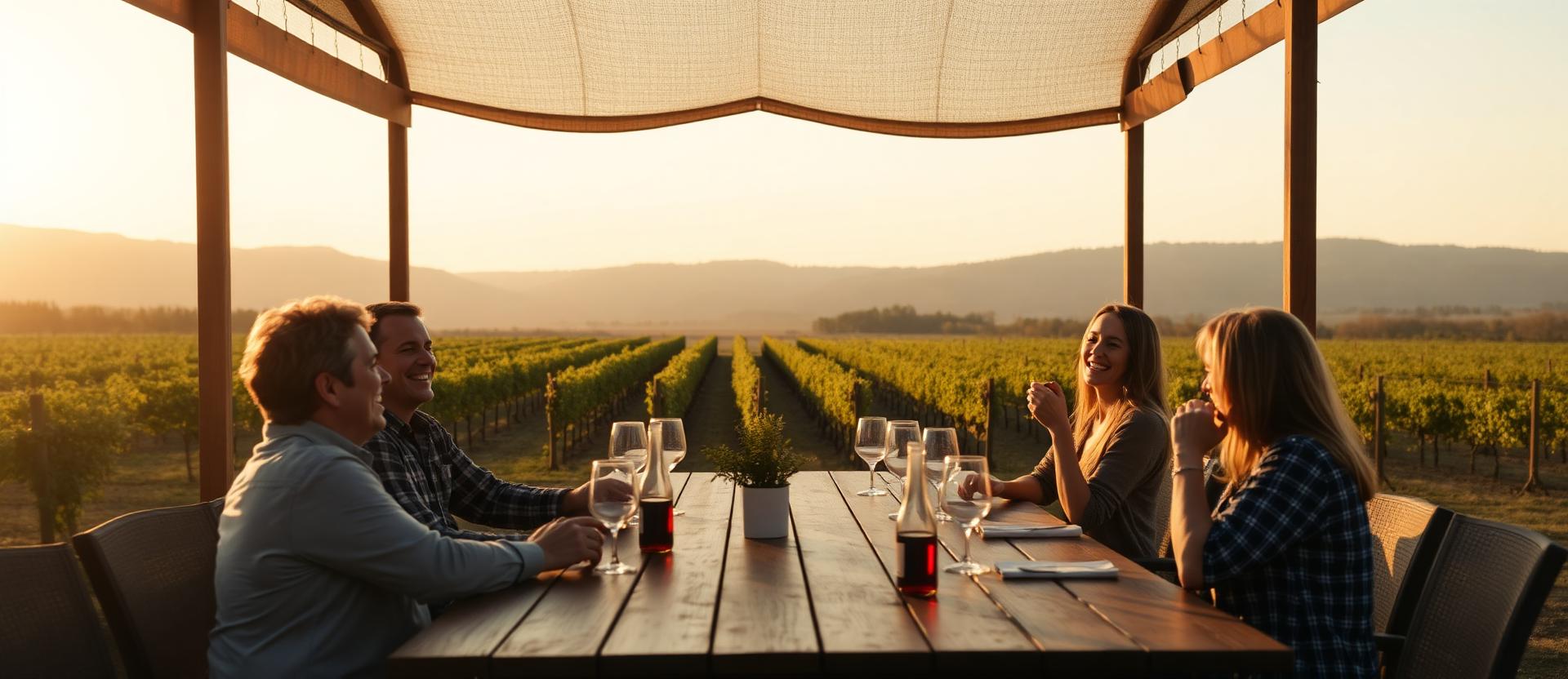 Friends enjoying wine at a Northern Virginia vineyard at golden hour